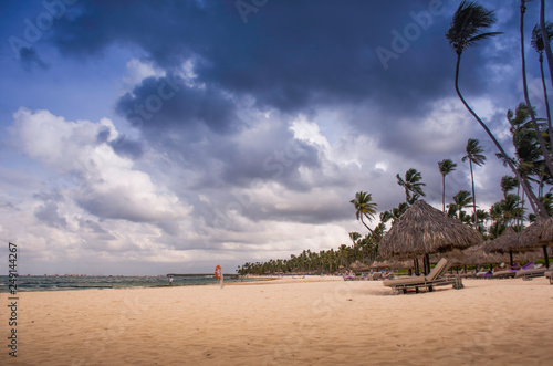 Caribbean beach with golden sand with storm clouds and wind on the leaves of palm trees