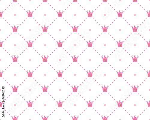 Funny princess pattern with geometrical structure and royal crown. Crown and dots princess pattern, cute teen fashion elements for princess and little girls. Princess cute seamless pattern, with pink