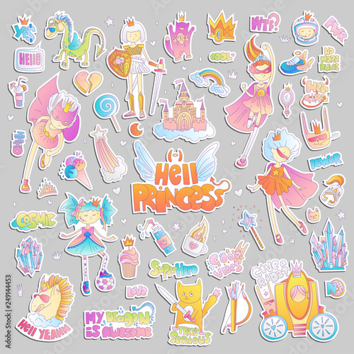 Brave tomboy Hell princess vector cartoon set. Princess magic and feminism illustration, little teen girl, princess superhero and warrior, brave girl illustration. Feminism princesses collection -