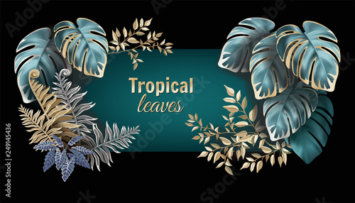 Template label dark leaves of tropical exotic plants. Flyer jungle with palm trees and lianas. Vector 3d illustration with space for text.