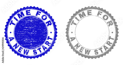 Grunge TIME FOR A NEW START stamp seals isolated on a white background. Rosette seals with grunge texture in blue and grey colors.