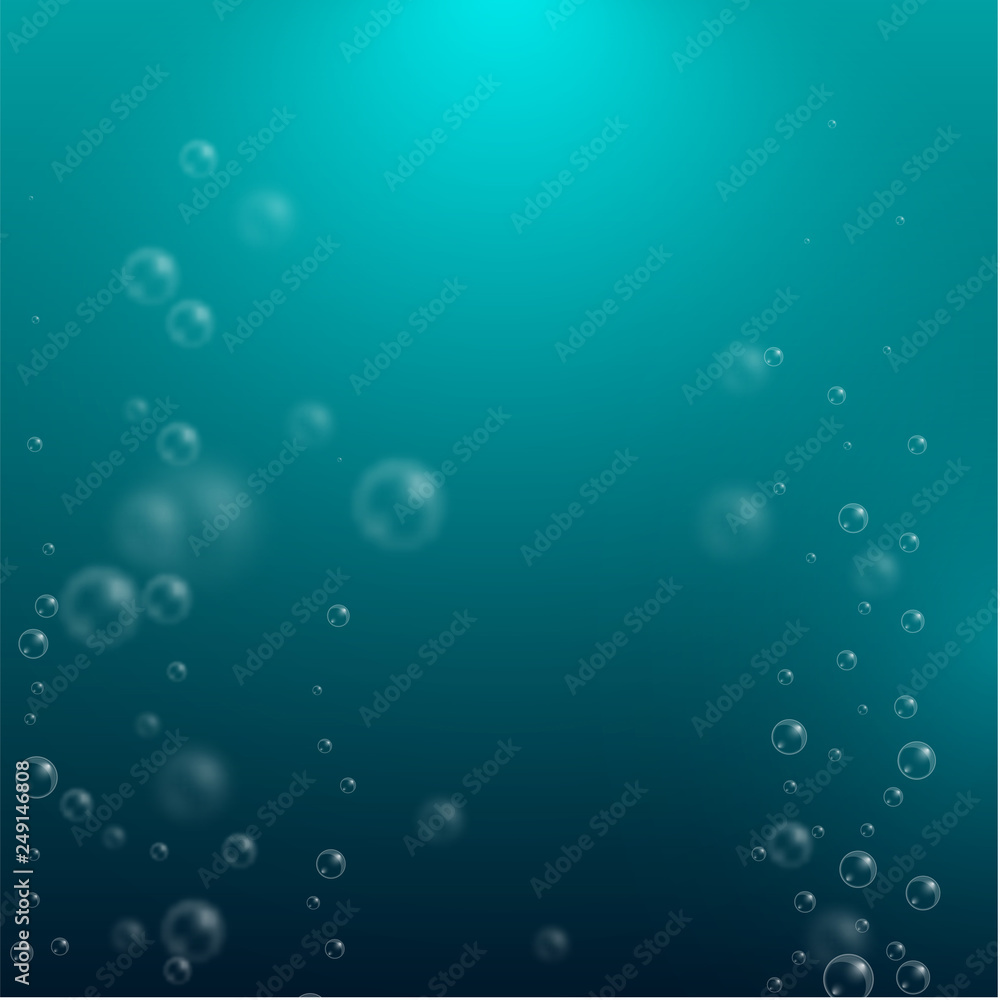 Aquamarine water background with realistic bubbles or drops.