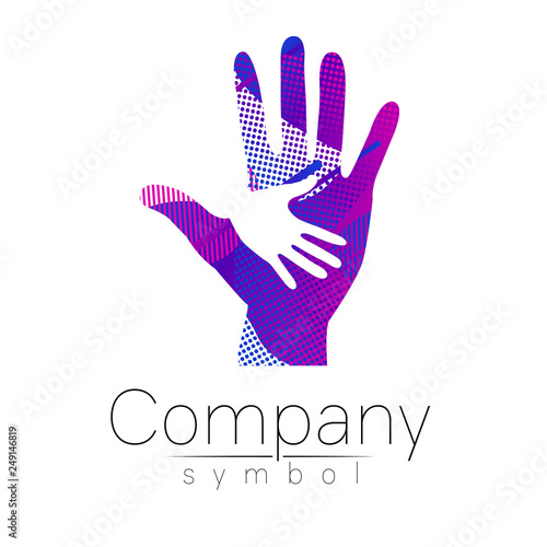 Vector illustration. Symbol of Charity. Sign hand isolated on white background.Blue Icon company, web, card, print. Modern bright element. orphans Help kids campaign. Family children Blue violet color
