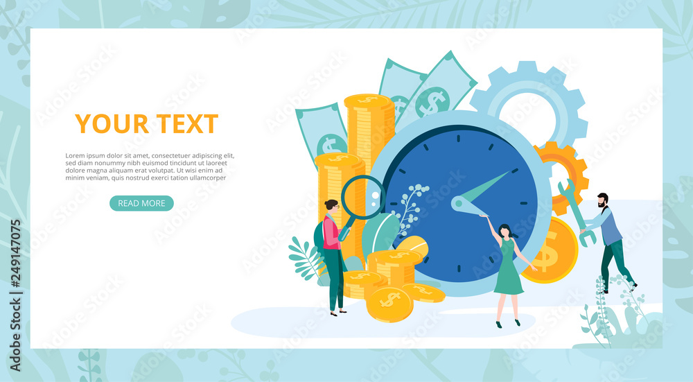 Time is money. Landing page template for business projects with people, clock and money.