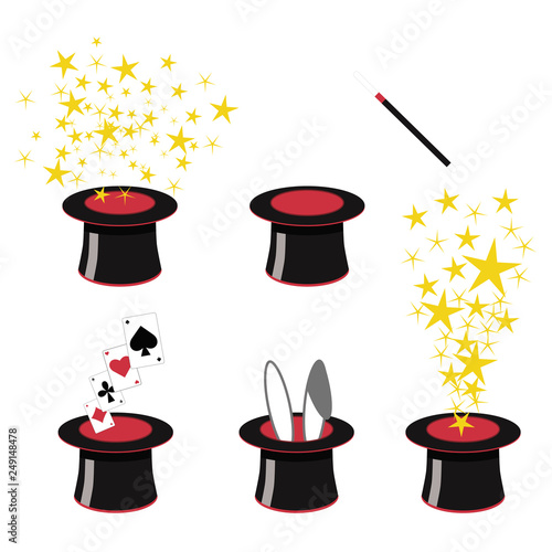 Magic clip art - 5 black and red magicians top hats with stars, playing cards, bunny ears, magic wand. Magician's equipment. Kids magic show clip art.