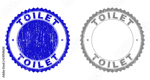 Grunge TOILET stamp seals isolated on a white background. Rosette seals with grunge texture in blue and grey colors. Vector rubber stamp imprint of TOILET title inside round rosette.