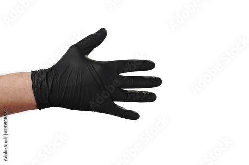 Male hand in black rubber gloves, symbol, sign or gesture. On a white isolate background.