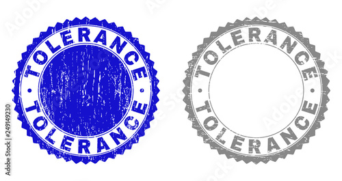 Grunge TOLERANCE stamp seals isolated on a white background. Rosette seals with grunge texture in blue and gray colors. Vector rubber stamp imprint of TOLERANCE label inside round rosette.