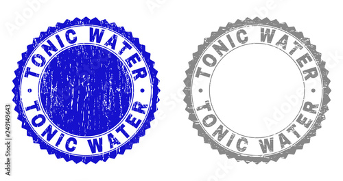 Grunge TONIC WATER stamp seals isolated on a white background. Rosette seals with grunge texture in blue and gray colors. Vector rubber stamp imitation of TONIC WATER caption inside round rosette.