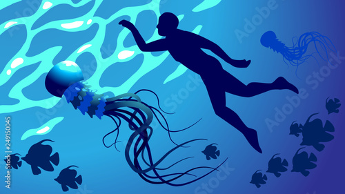 Freediving wich beuautyful medusa, and school of tropical fish, danger and interesting underwater world