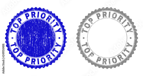Grunge TOP PRIORITY stamp seals isolated on a white background. Rosette seals with distress texture in blue and gray colors. Vector rubber watermark of TOP PRIORITY tag inside round rosette.