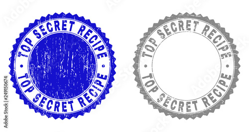 Grunge TOP SECRET RECIPE stamp seals isolated on a white background. Rosette seals with grunge texture in blue and grey colors.