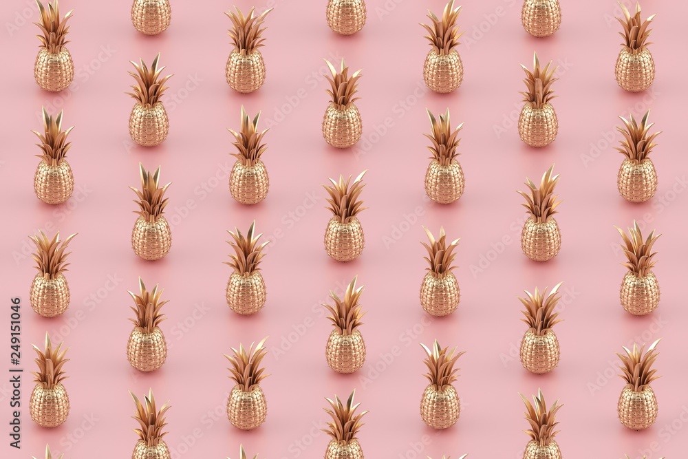 Minimal fruit pattern. Golden pineapples on pink background. 3D Rendering.