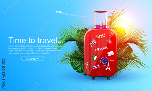 Vacation vector banner. Summer holiday web banner. Red suitcase with traveler accessories and coconut leaves. 