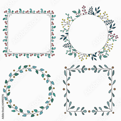 Hand drawn set of different floral vector wreath with green leaves, herbs forest round, cute rustic frame. Round and square frame. Illustration for greeting card, wedding invitation, logo, poster, tag