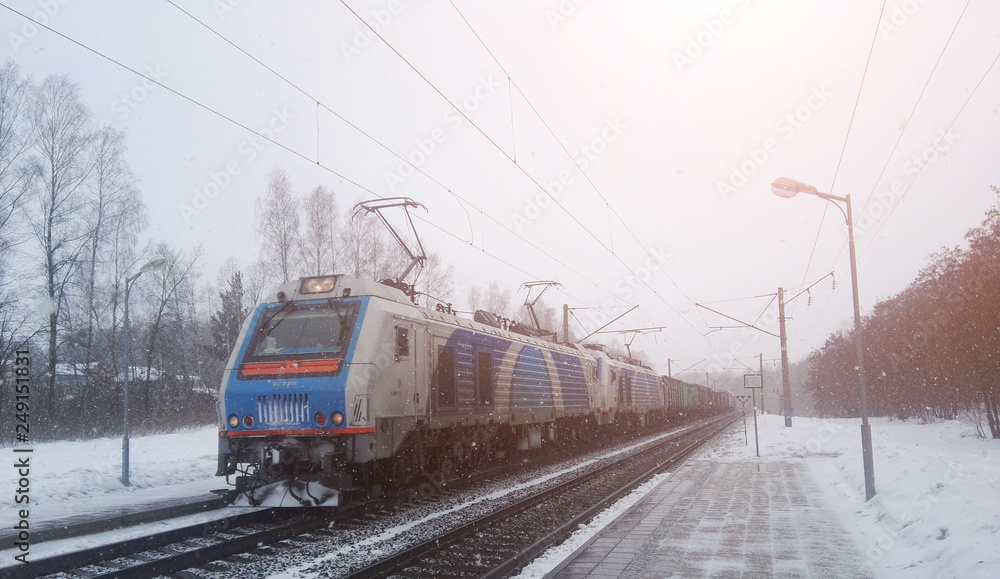 electric freight train winter rail road landscape