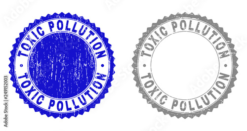 Grunge TOXIC POLLUTION watermarks isolated on a white background. Rosette seals with grunge texture in blue and gray colors.