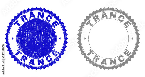 Grunge TRANCE stamp seals isolated on a white background. Rosette seals with distress texture in blue and gray colors. Vector rubber stamp imitation of TRANCE tag inside round rosette.