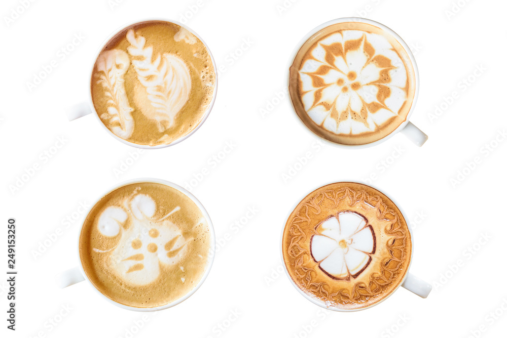 Top view of hot cappuccino with nice milk pattern on white background / top view of hot cappuccino