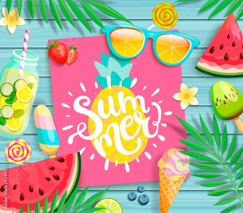 Summer 2019 pink card or banner with pineapple and handdrawn lettering on blue wooden background with watermelon, detox, ice, ice cream,sunglasses and candy, blueberry. Vector Illustration.