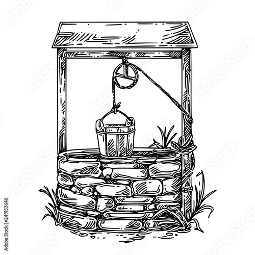 Old well with wooden bucket. Sketch. Engraving style. Vector illustration. 
