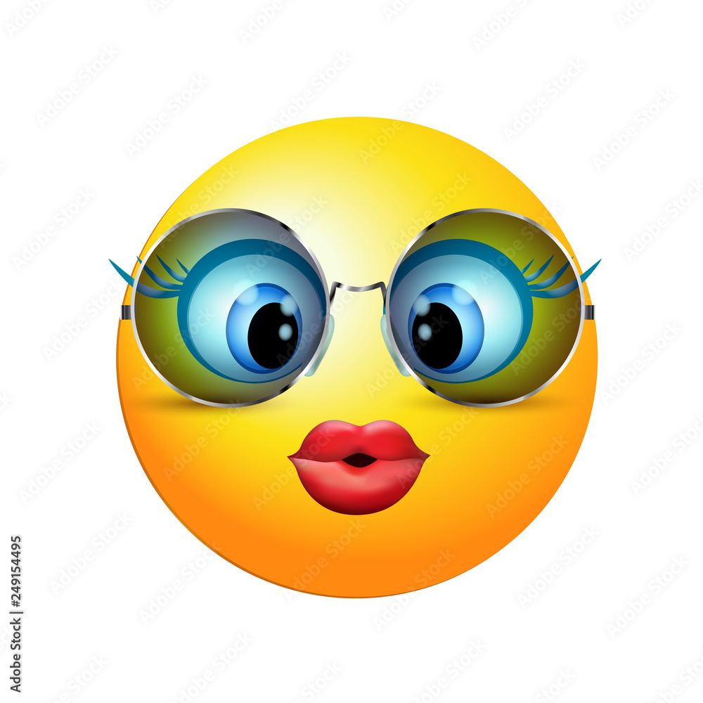Cute cartoon emoticon kissing with trend sunglasses. Vector 3d illustration