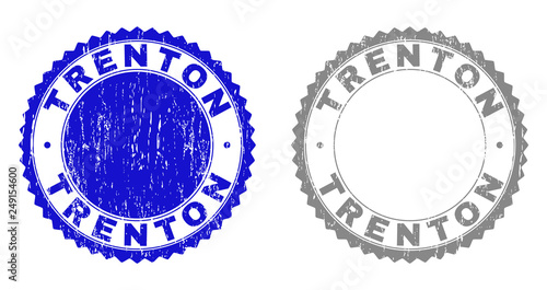 Grunge TRENTON stamp seals isolated on a white background. Rosette seals with grunge texture in blue and gray colors. Vector rubber stamp imprint of TRENTON tag inside round rosette.