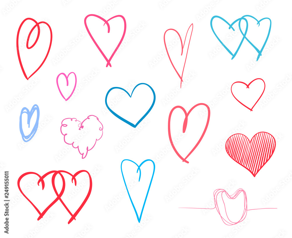 Colorful hearts on isolated white background. Hand drawn set of love signs. Unique abstract image for design. Line art creation. Colored illustration. Elements for poster or flyer