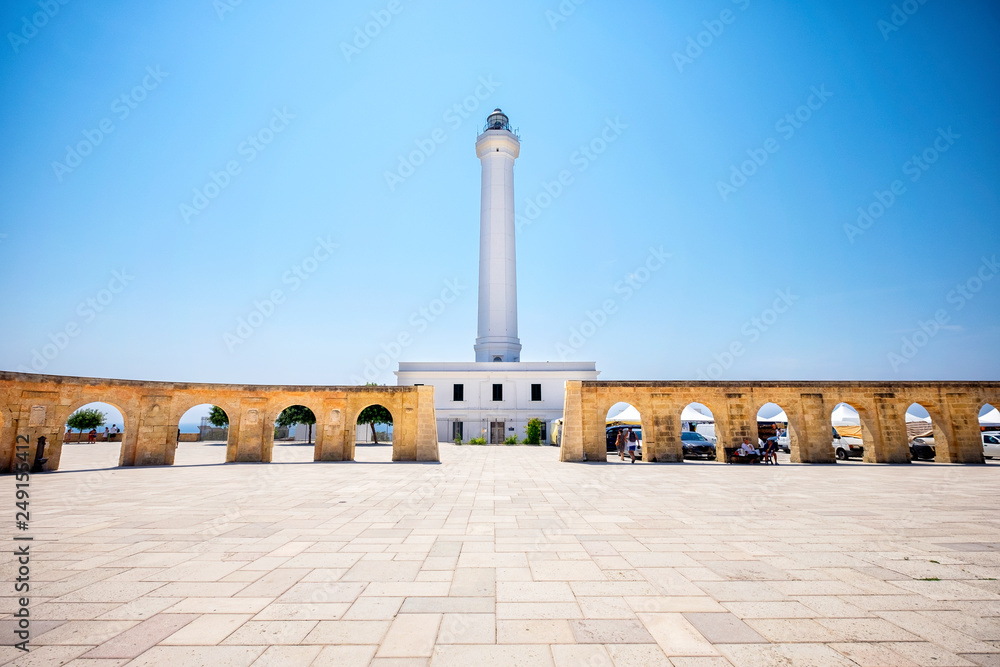 Santa Maria di Leuca white lighthouse. Lecce, Apulia region, Italy