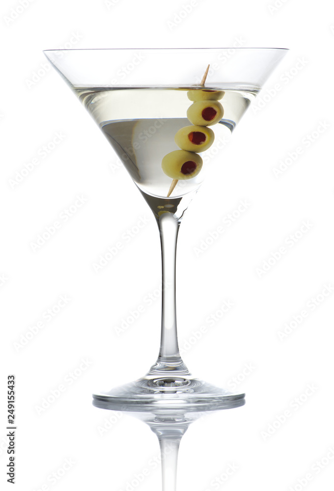 Classic dry martini with olives isolated on white background