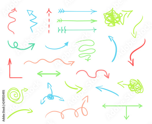 Hand drawn colored arrows on white. Abstract pointers. Line art creative. Set of different signs. Colorful illustration. Doodles for artwork