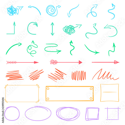 Infographic elements on isolated background. Hand drawn colored pointers on white. Abstract arrows. Line art. Set of different geometric shapes. Colorful illustration. Sketchy doodles for work