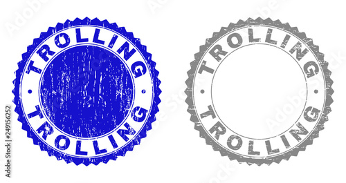 Grunge TROLLING stamp seals isolated on a white background. Rosette seals with distress texture in blue and grey colors. Vector rubber stamp imprint of TROLLING caption inside round rosette.