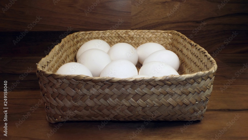 Basket of fresh white chicken eggs close up Basket of fresh white chicken eggs close up