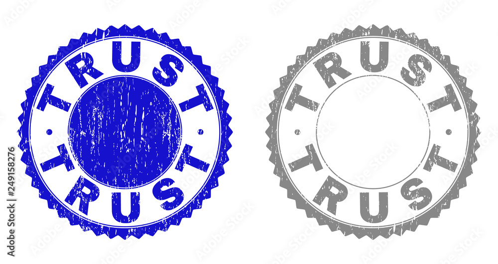 Grunge TRUST stamp seals isolated on a white background. Rosette seals with grunge texture in blue and gray colors. Vector rubber watermark of TRUST title inside round rosette. Grunge TRUST stamp seals isolated on a white background. Rosette seals with grunge texture in blue and gray colors. Vector rubber watermark of TRUST title inside round rosette.