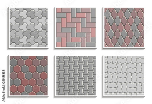 Set of seamless pavement textures. Vector repeating patterns of street tiles