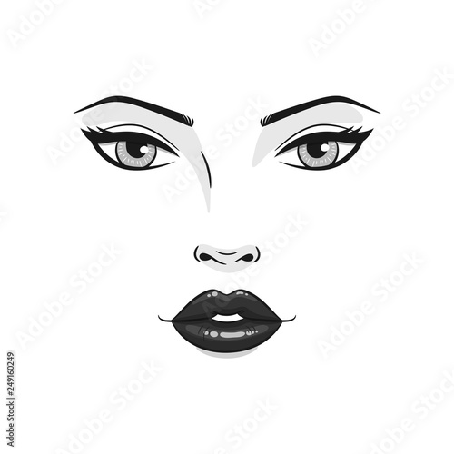 Beautiful young woman face close up. Fashion model face, black and white vector illustration.