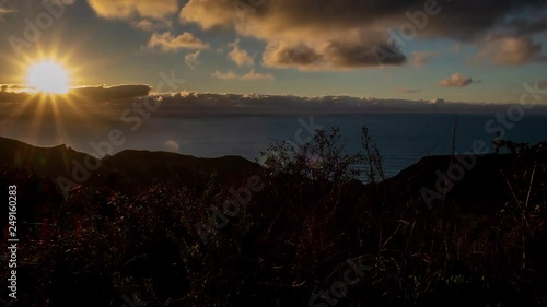 A sunset timelapse from a campsite in Big Sur, California. The pacific ocean is seen as the sun sets into the clouds below.