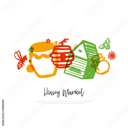 Modern honey banner on white background. Organic design template promotion wth bees. Food background, label vector.