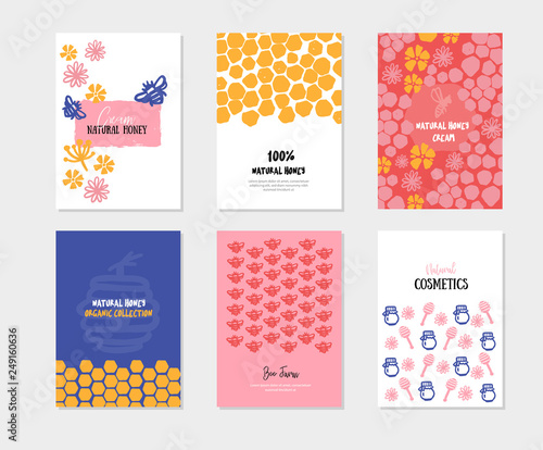 Modern honey banner set. Grunge colorful advertising with bee pattern.. Organic design templates.