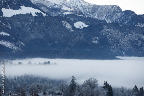 foggy valley in bavarian mountains, alps