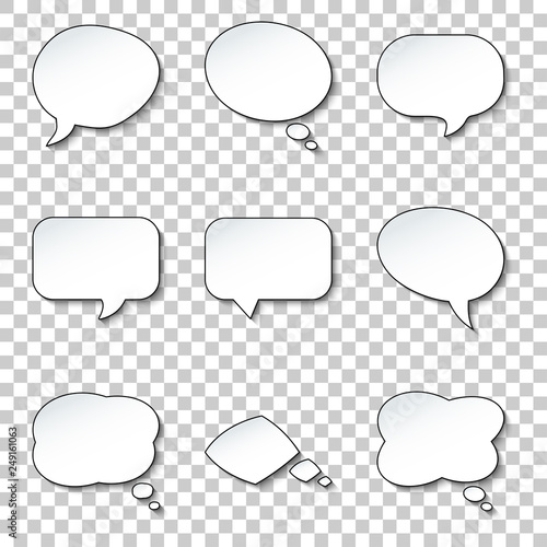 Round paper speech and think bubbles set. Vector design elements on transparent background