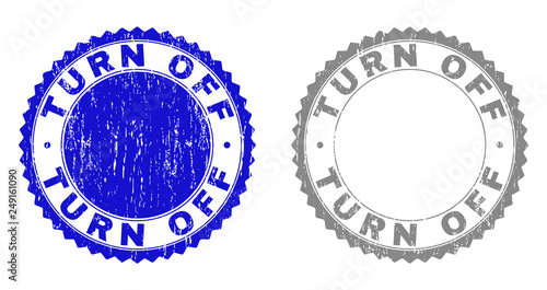 Grunge TURN OFF stamp seals isolated on a white background. Rosette seals with grunge texture in blue and gray colors. Vector rubber stamp imprint of TURN OFF label inside round rosette.