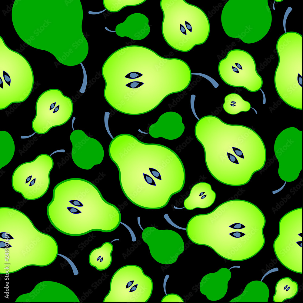 Bright seamless pattern background of halved ripe pears. Juicy fruit for juice, vitamins, mashed potatoes or baby food.