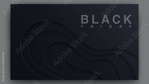 Black Friday Poster Concept Sales. Black Modern Covers Template Design. 3D Wavy and Striped Background. Paper Cut Shapes for Presentation, Magazines, Flyers, Posters and Business Cards. Vector EPS 10