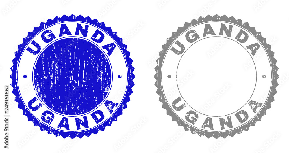 Grunge UGANDA stamp seals isolated on a white background. Rosette seals with grunge texture in blue and gray colors. Vector rubber stamp imprint of UGANDA label inside round rosette.