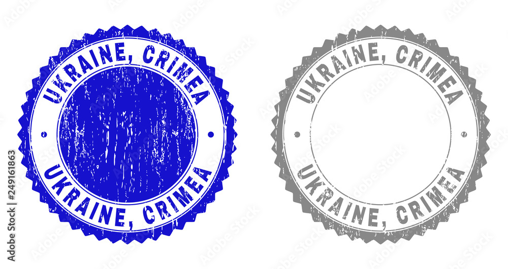 Grunge UKRAINE, CRIMEA stamp seals isolated on a white background. Rosette seals with grunge texture in blue and grey colors. Vector rubber watermark of UKRAINE, CRIMEA title inside round rosette.