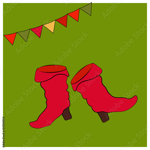 Red saffian boots. Card with objects of the national Russian costume. Shoes with heels. Symbols of the holiday Shrovetide or Maslenitsa.