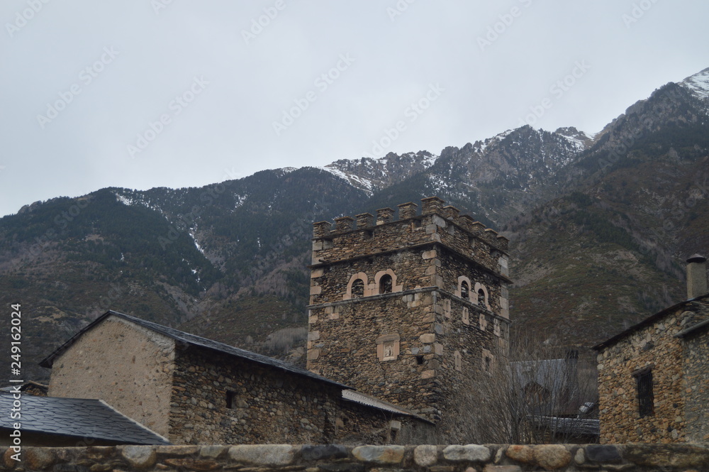 Beautiful Medieval Buildings With The Tower Of The Infanzones Between Them In Benasque. Travel, Landscapes, Nature, Architecture. December 27, 2014. Benasque, Huesca, Aragon.