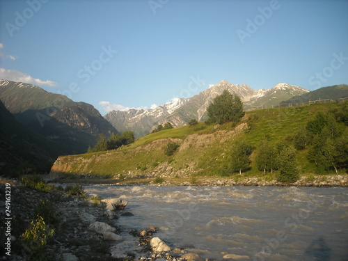 Fast shallow river in the Caucasus mountains. Georgia.